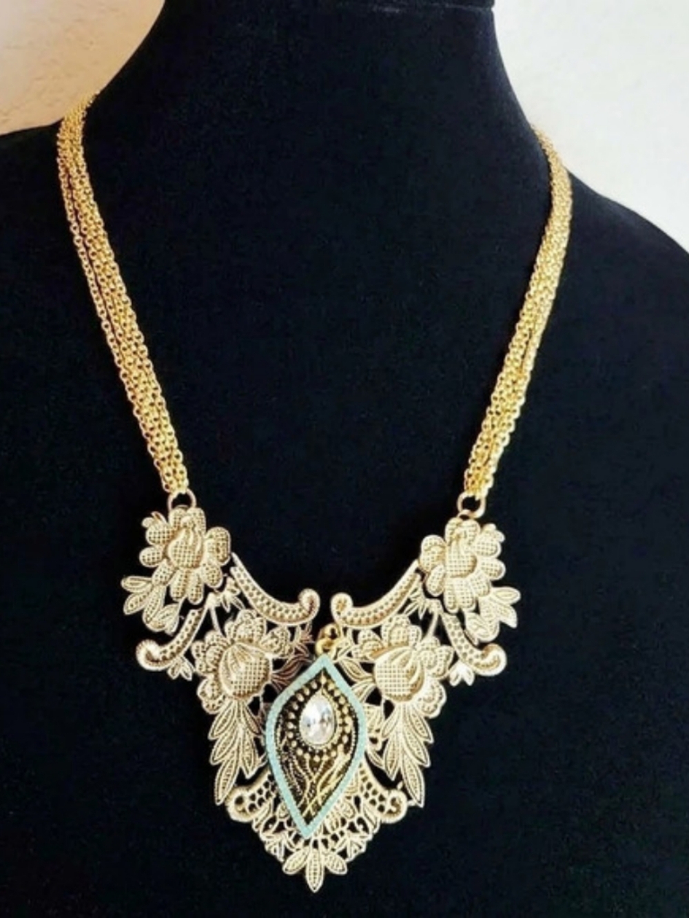 Victorian Revival Lace Filigree Metal Work Necklace Floral Bib Elegant Collar